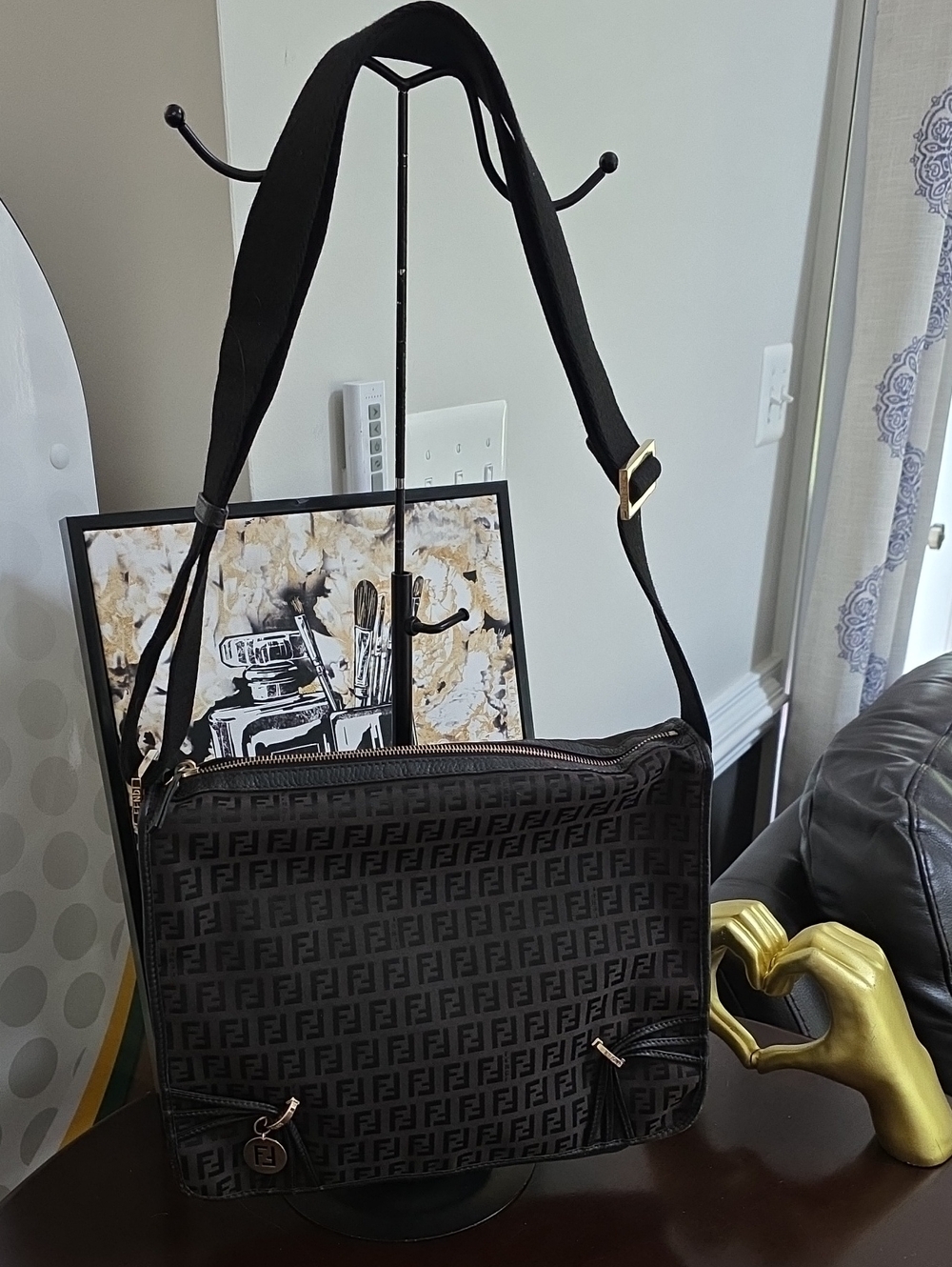 Fendi Zucchino Canvas F Charm Crossbody Messenger Bag with COA